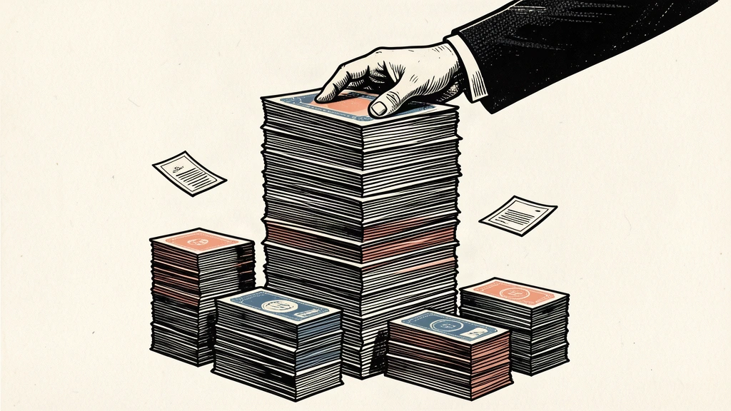 An editorial illustration showing a massive stack of bonds held by a single large hand, towering over several smaller stacks to represent the Bank of Japan's dominant market share.