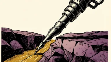 Hudbay Minerals extends its mine life and gold targets: a large industrial drill bit boring into a thick vein of gold within a deep rock formation.