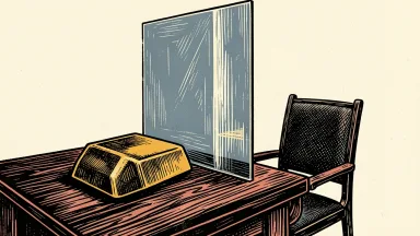 Gold Fields takeover bid stalled: a gold bar sits on a table separated from an empty chair by a thick, impenetrable glass wall.