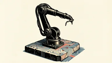 AIxCrypto Holdings acquiring Faraday Future's robotics business: a large industrial robotic arm is bolted onto a stone foundation with circuit patterns.