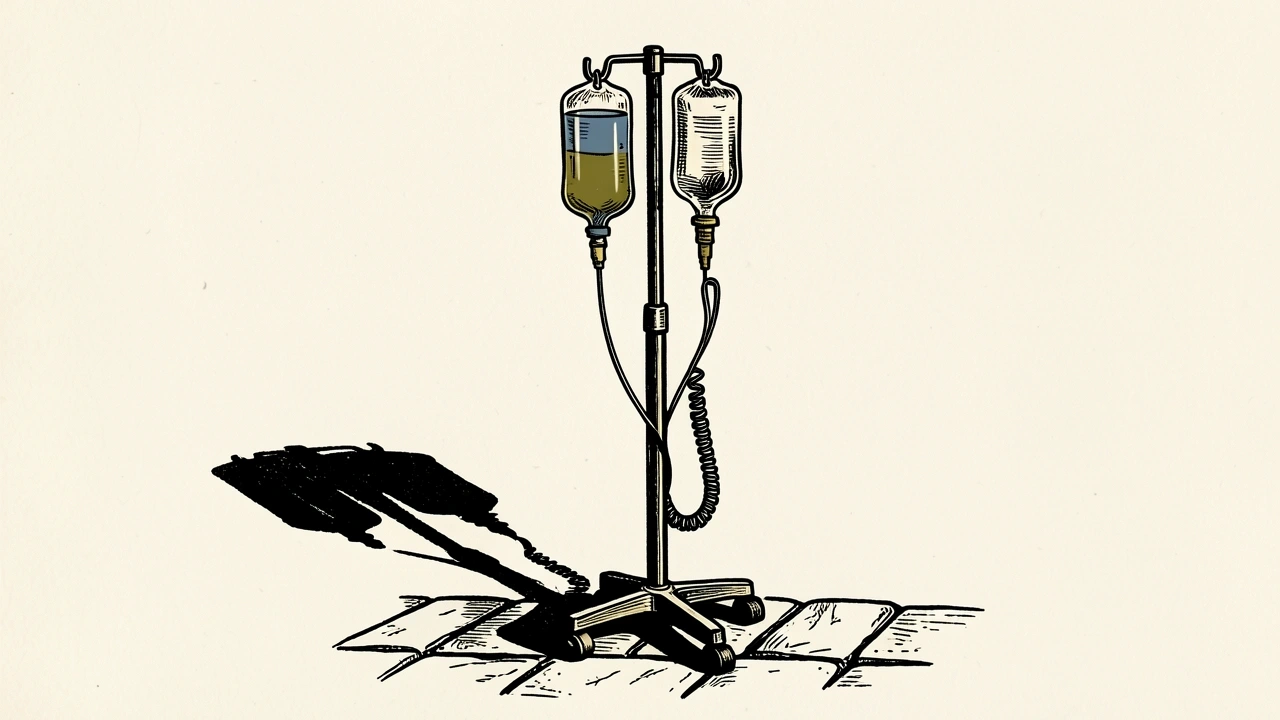 Option Care Health downgraded to Market Perform: a medical infusion stand remains upright on a level floor, casting a long shadow.