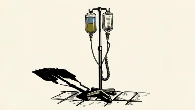 Option Care Health downgraded to Market Perform: a medical infusion stand remains upright on a level floor, casting a long shadow.