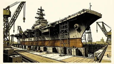 HII awarded contract for USS Harry S. Truman overhaul: a massive aircraft carrier sits in a dry dock surrounded by industrial scaffolding and cranes.