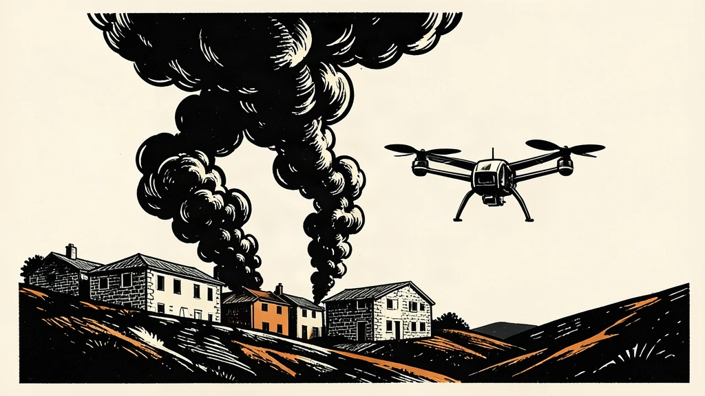 An editorial illustration showing a mechanical drone silhouette in the foreground with smoke rising from a distant village in a hilly landscape.