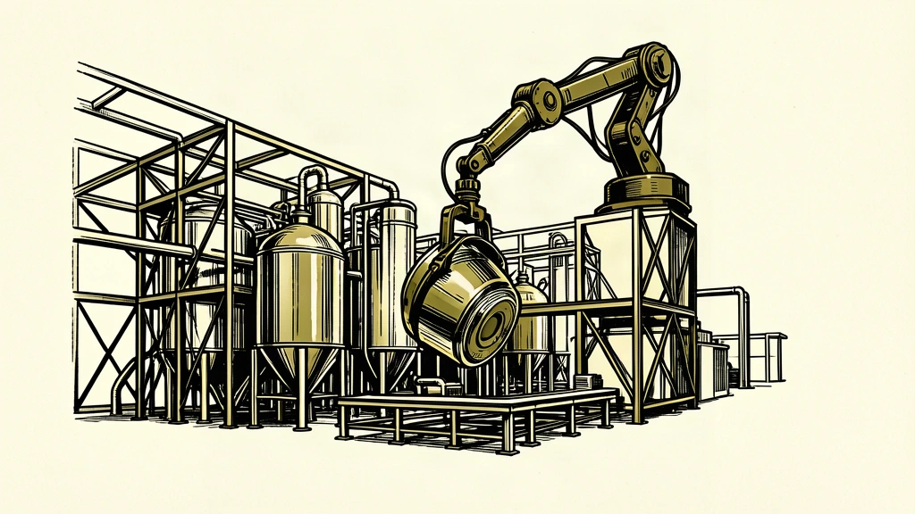 A large-scale pharmaceutical production facility under construction with a mechanical arm placing a component.