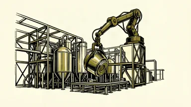 A large-scale pharmaceutical production facility under construction with a mechanical arm placing a component.