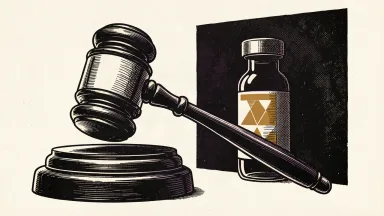Capricor Therapeutics facing a securities fraud lawsuit: a large gavel looms over a medical vial partially hidden behind a screen.