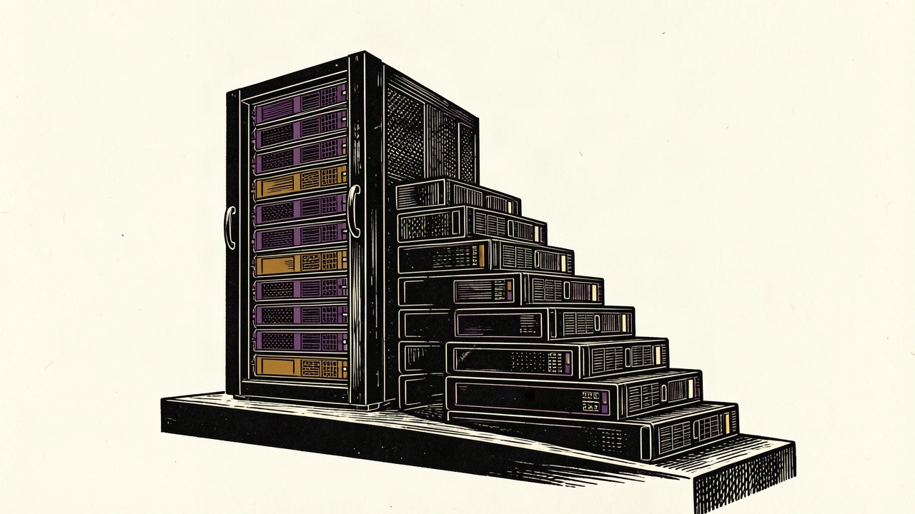 Everpure stock reaches record highs on strong revenue outlook: a large data server rack sits atop a rising staircase of smaller hardware units.