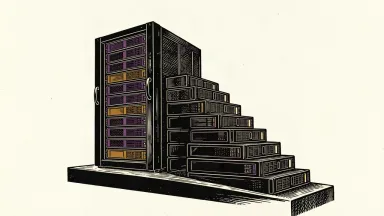 Everpure stock reaches record highs on strong revenue outlook: a large data server rack sits atop a rising staircase of smaller hardware units.