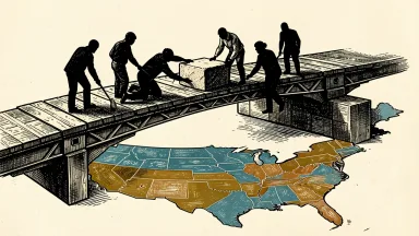 Super League Enterprise building a U.S. platform for Metaplanet: workers placing a stone block into a bridge anchored on a map of the United States.