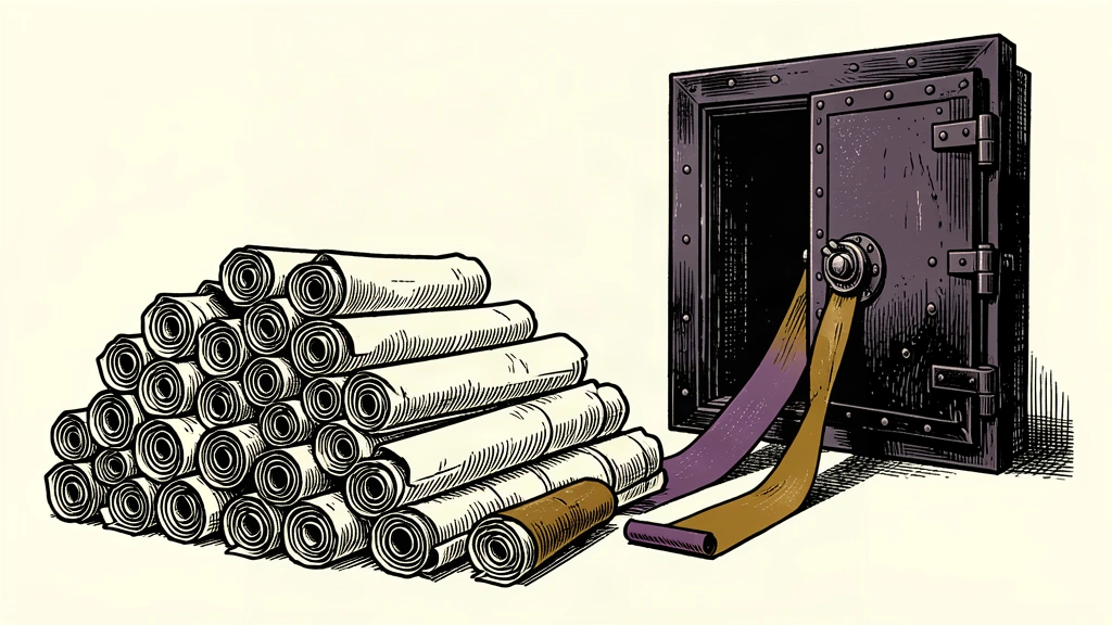 A conceptual editorial illustration showing a large pile of rolled scrolls, from which a few exceptionally long scrolls are selectively drawn into a heavy, dark vault door.