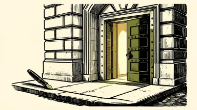 Peapack Private expands its Manhattan leadership: a heavy bank vault door stands open on a Park Avenue building facade next to a fountain pen.