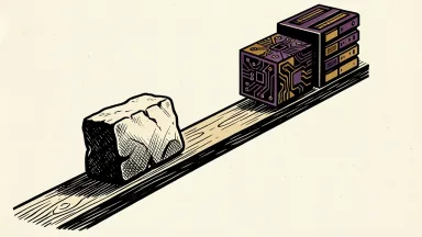 Nasdaq and US equities under pressure: tech-industry symbols slide on a wooden plank tilted downward by a heavy stone block.