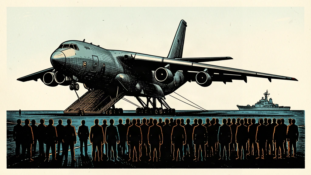 An editorial illustration showing a column of silhouetted soldiers standing before the open ramp of a large transport plane, representing the potential withdrawal of troops.