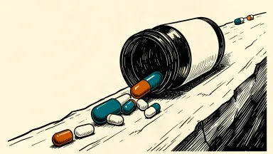 Small-cap stocks decline led by ACADIA Pharmaceuticals: a pharmaceutical bottle spills small capsules down a steep slope.