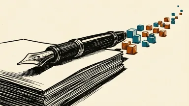 QuickLogic grants RSUs to its new CFO: a large fountain pen on a stack of paper with a trail of geometric crystal blocks emerging from its nib.