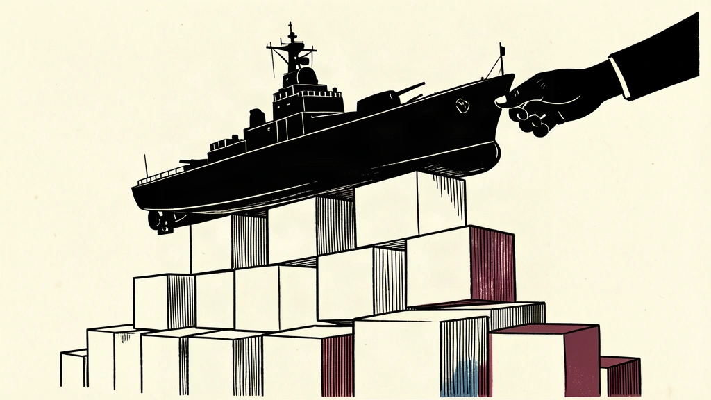 A silhouette of a naval ship being elevated by a growing stack of blocks representing increased spending.