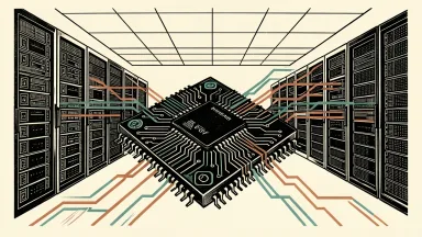 Microchip Technology expands its data center portfolio: a large microchip at the center of a server aisle with data streams flowing through its circuits.