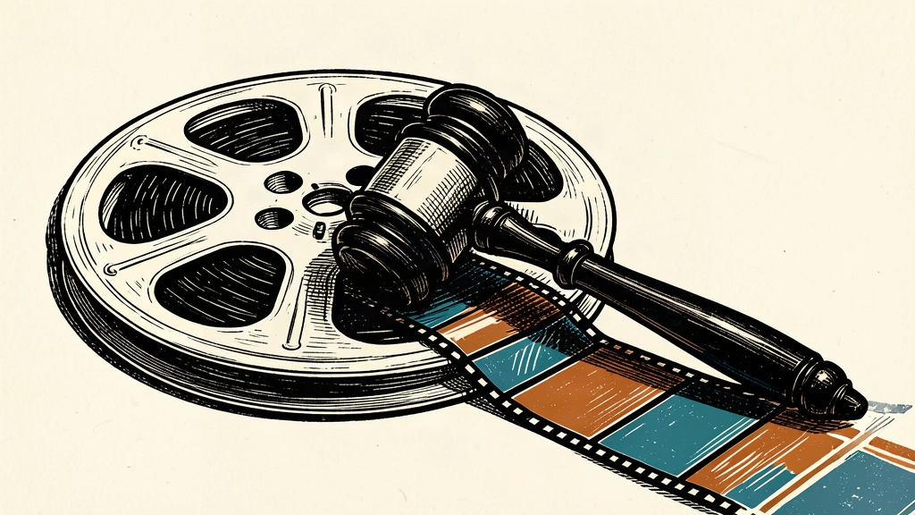 An editorial illustration showing a heavy gavel pinning down a strip of film from a movie reel.