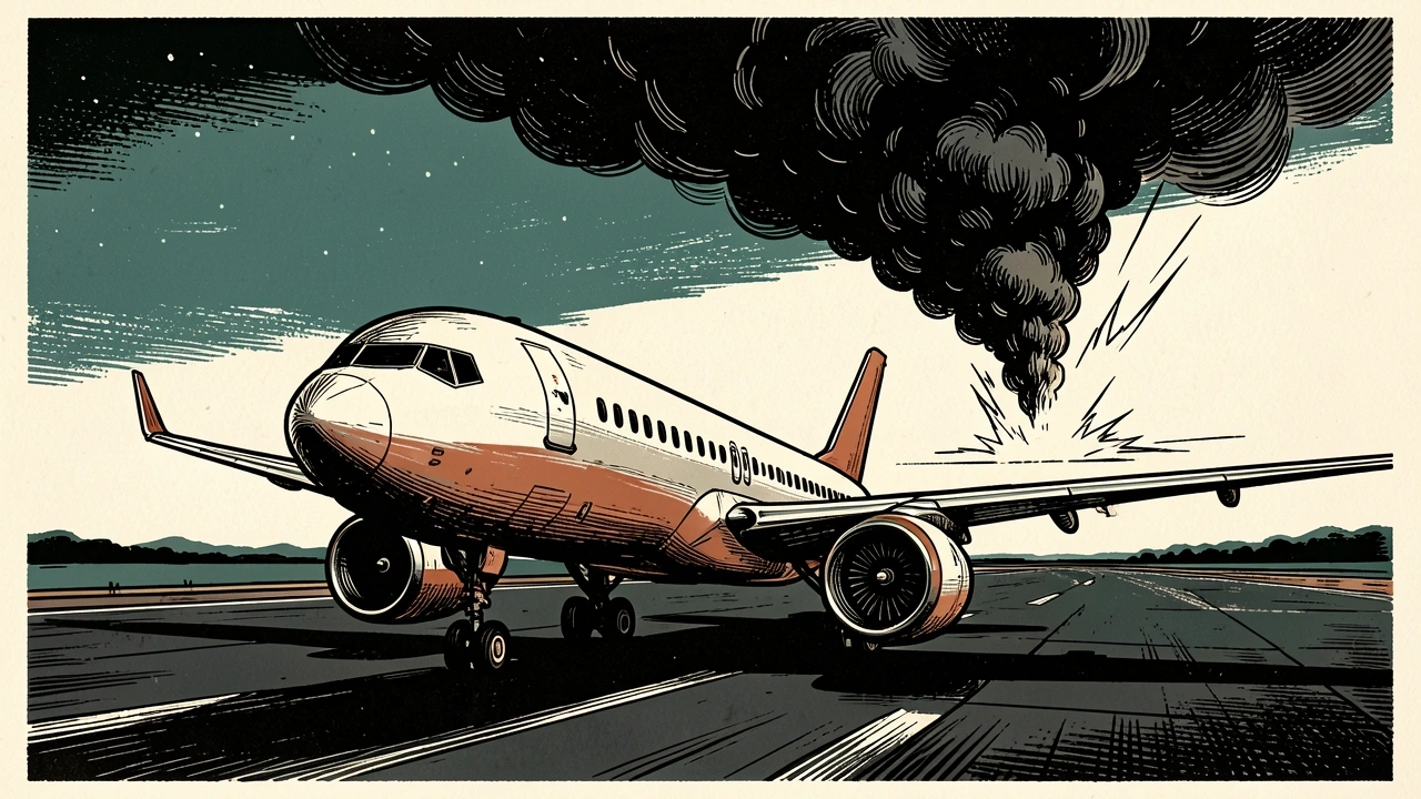A grounded aircraft at King Abdulaziz Airport in Jeddah with a distant explosion and smoke plume on the horizon.