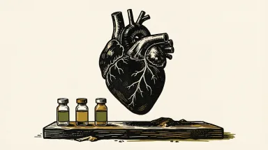BridgeBio BBP-418 cardiac data: a stylized heart silhouette is stabilized and lifted by a row of medical vials.