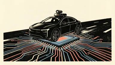An editorial illustration showing a robotaxi driving over a large glowing computer chip embedded in the road, symbolizing the hardware powering autonomous transit.