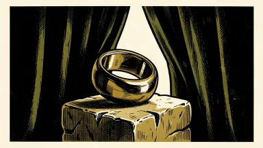 Oura postpones its Nasdaq IPO: a smart ring sits on a pedestal behind a heavy, partially closed curtain.