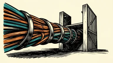 AT&T consolidating fiber operations: two separate bundles of fiber optic cables merging into a single large conduit passing through an open gate.