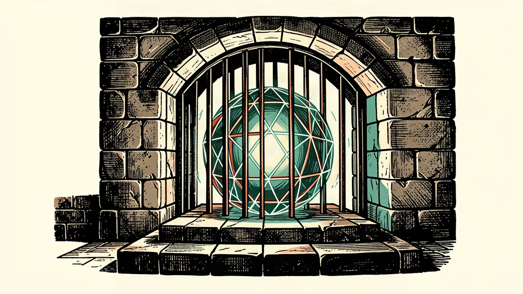 An editorial illustration of a glowing AI sphere behind a heavy stone archway with a lowered gate, representing the EU's safety requirements for innovation.