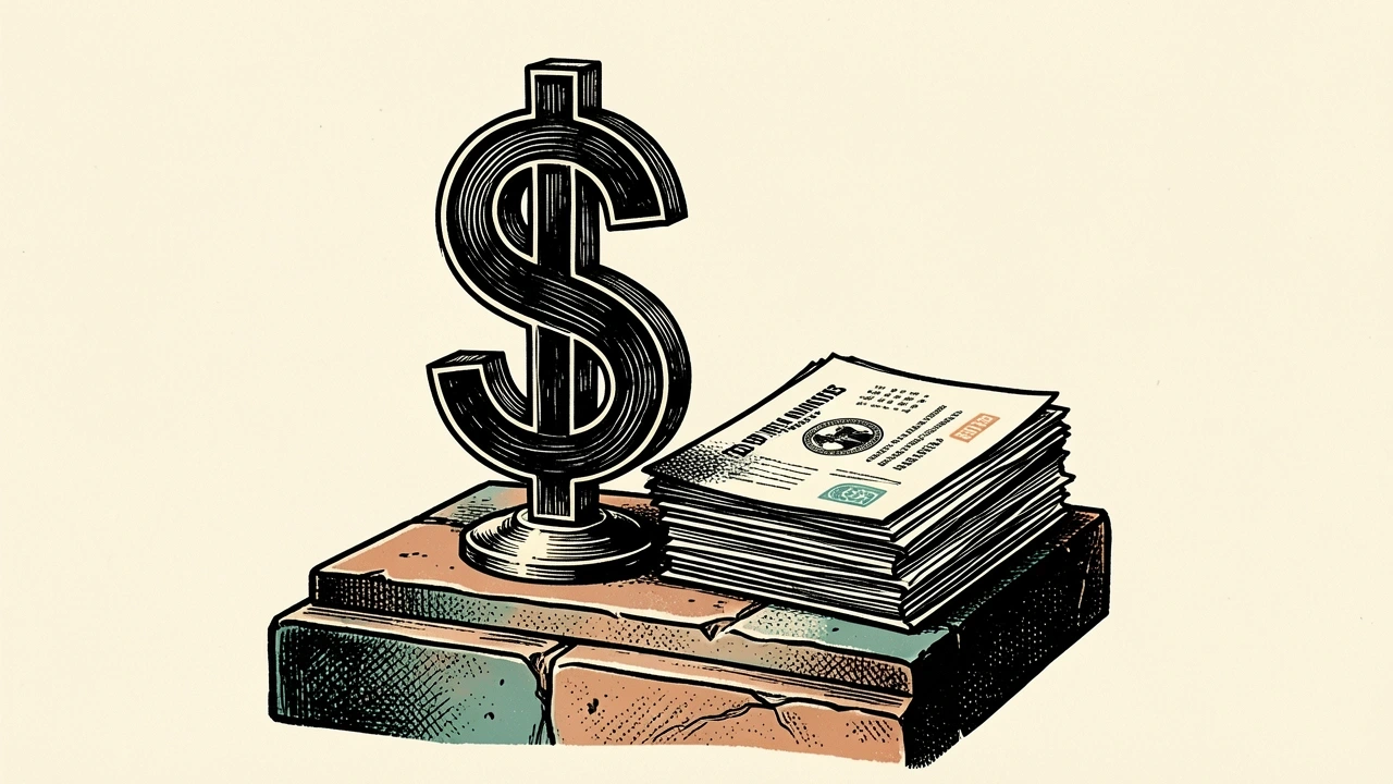 US Dollar Index settling after Fed minutes: a large dollar symbol rests on a stone pedestal next to a stack of official documents.