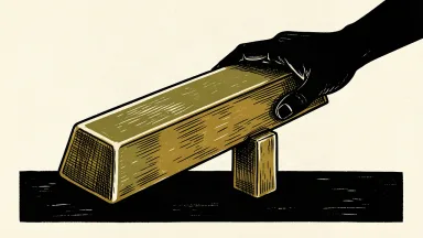 OceanaGold leadership transition: a large gold bar is supported by a smaller gold pillar and a steadying hand.