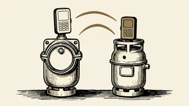 Itron water and gas meters with cellular modules connected by a signal wave.