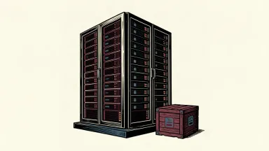 A large, modern server rack towers over a small, old-fashioned software crate, illustrating the growth of cloud infrastructure over traditional software licenses.