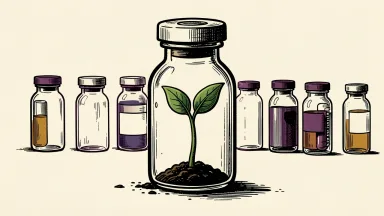 AstraZeneca biopharma growth: a pharmaceutical vial with a small green sprout growing at its base, set against a row of larger vials.