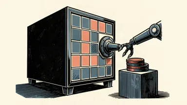 A mechanical arm extending from a server rack to pick up a stack of coins, representing automated AI transactions.