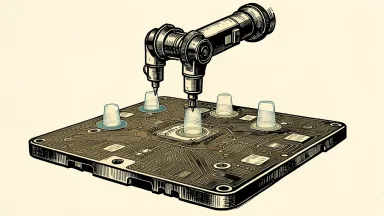 Synopsys autonomous engineering: a robotic arm precisely positions digital nodes over a complex silicon wafer.