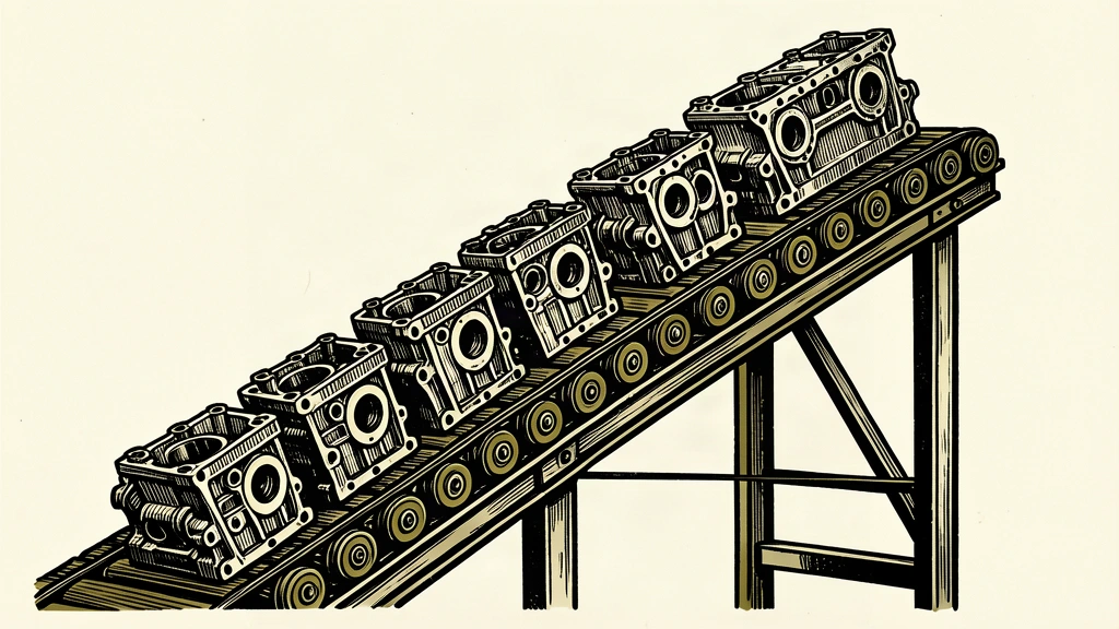 An illustration of heavy engine blocks moving upward on a sturdy industrial conveyor belt.