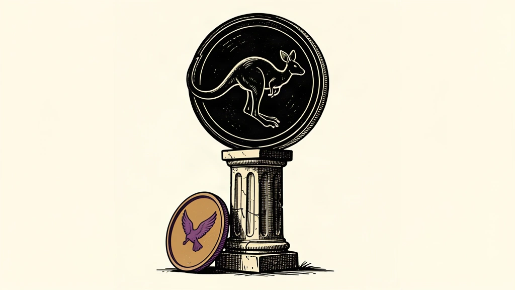 A large coin with a kangaroo silhouette sits high on a rising stone pedestal, while a smaller coin with an eagle silhouette rests lower at the base.