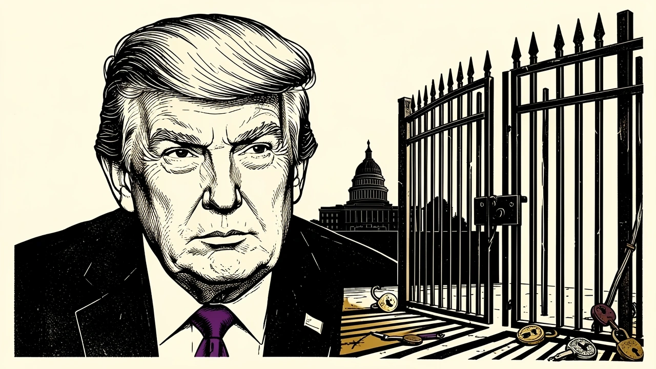 Donald Trump beside an open iron gate, representing the indefinite waiver of Russia sanctions and the resulting bipartisan outrage in Congress. Identity photo references adapted into illustration: Daniel Torok (Public domain; https://commons.wikimedia.org/wiki/File:Official_Presidential_Portrait_of_President_Donald_J._Trump_(2025).jpg); source https://commons.wikimedia.org/wiki/File:Official_Presidential_Portrait_of_President_Donald_J._Trump_(2025).jpg