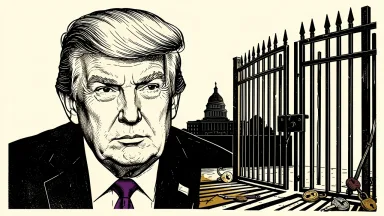 Donald Trump beside an open iron gate, representing the indefinite waiver of Russia sanctions and the resulting bipartisan outrage in Congress. Identity photo references adapted into illustration: Daniel Torok (Public domain; https://commons.wikimedia.org/wiki/File:Official_Presidential_Portrait_of_President_Donald_J._Trump_(2025).jpg); source https://commons.wikimedia.org/wiki/File:Official_Presidential_Portrait_of_President_Donald_J._Trump_(2025).jpg