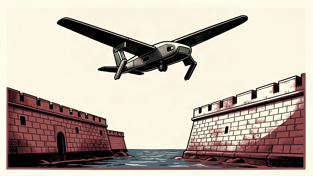 An editorial illustration showing a modern defense drone hovering over a coastal stone wall, representing Japan's shift toward autonomous defense policy.