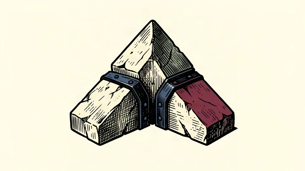 A conceptual illustration of three heavy stone blocks interlocking and clamped together to form a single, solid foundation.