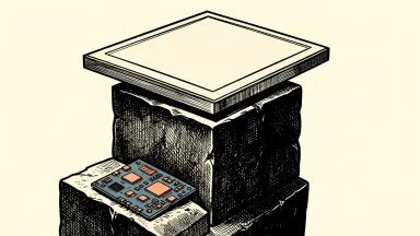 The Nasdaq reaching an all-time high: a large silicon wafer sits on a high stone pedestal while a smaller circuit board slides down a lower ledge.