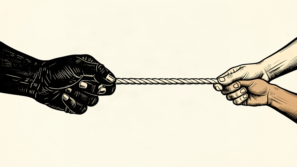 An editorial illustration showing a large hand pulling a cord to prevent two other hands from connecting.