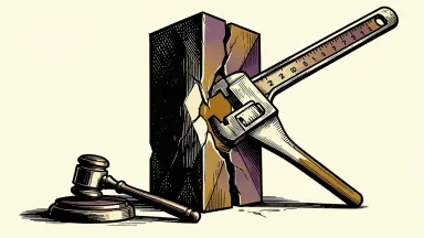 AppLovin facing securities fraud lawsuit: a large geometric pillar representing AI revenue is measured by heavy calipers, revealing a crack and hollow center.