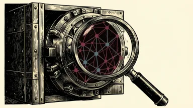 S&P Global Ratings launches Vault Risk Assessment: a magnifying glass examines the digital lattice inside a heavy steel vault.
