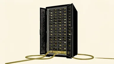 Microsoft Maia 300 AI chip deployment: a tall server rack with a grid of ninety-six processors and a glowing power cable on ivory paper.