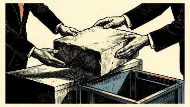 Pension sponsors divesting liabilities: a heavy stone block is moved from a platform into a secure container.