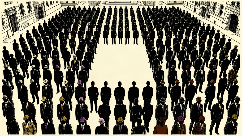 An editorial illustration showing a large grid of worker silhouettes with a specific rectangular section missing to represent the unemployment rate.