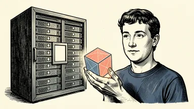 MongoDB stock drops as CEO joins Meta: Mark Zuckerberg holds a glowing cube removed from a tilted database server rack. Identity photo references adapted into illustration: Jeff Sainlar; Social Producer and Editor, Meta (CC BY-SA 4.0; https://creativecommons.org/licenses/by-sa/4.0); source https://commons.wikimedia.org/wiki/File:Mark_Zuckerberg_(2025)_(cropped).jpg